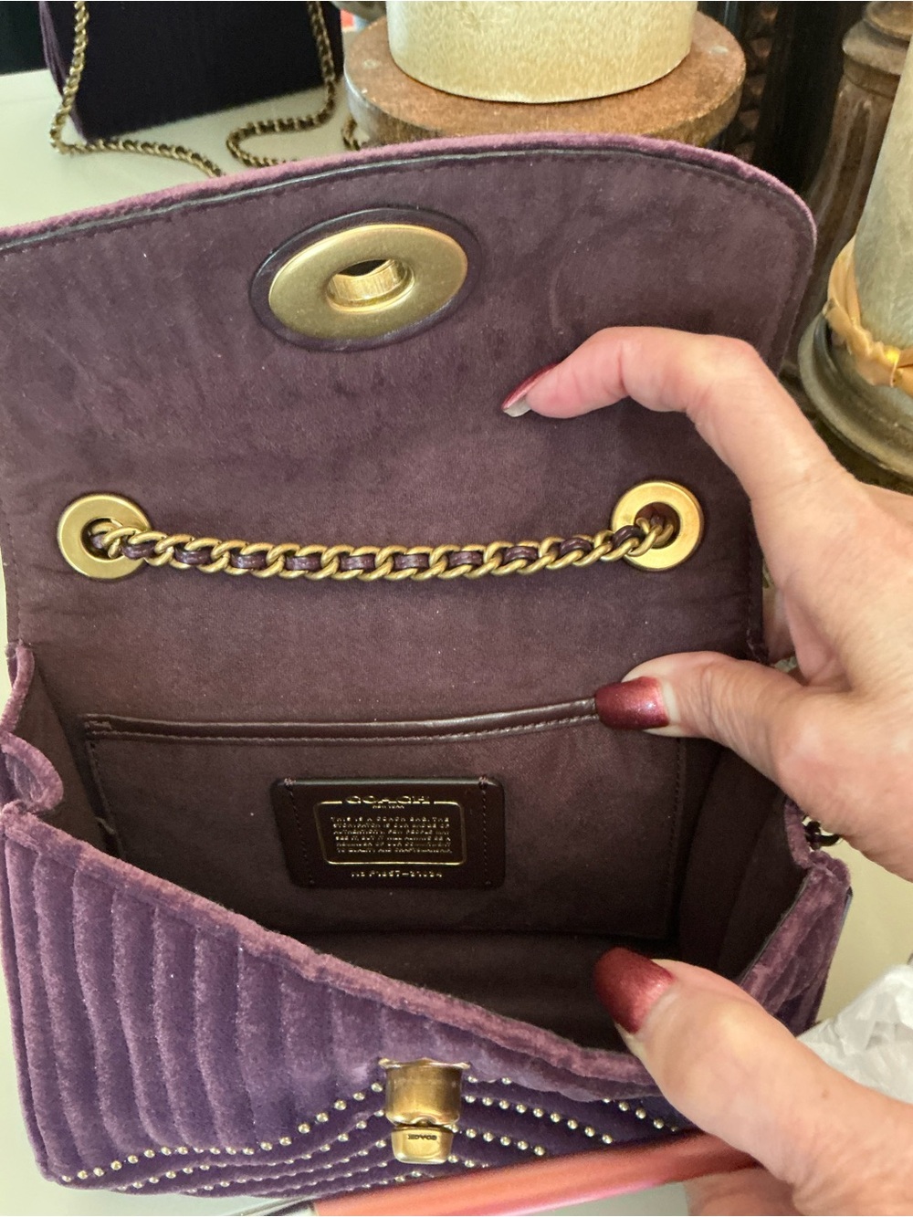 Coach Purple Velvet Quilted Crossbody with Gold Chain - Picture 4 of 16